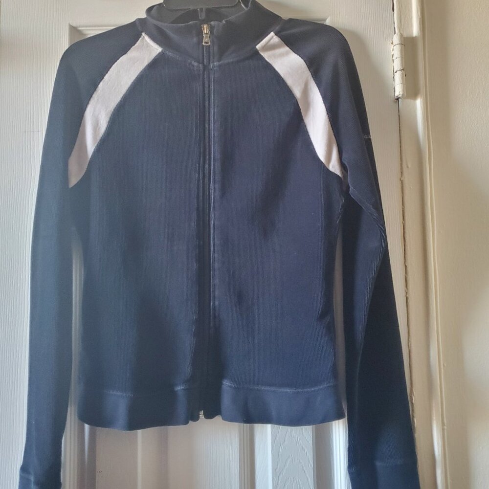 Nautica Black and Cream Women's Full-Zip Sweater